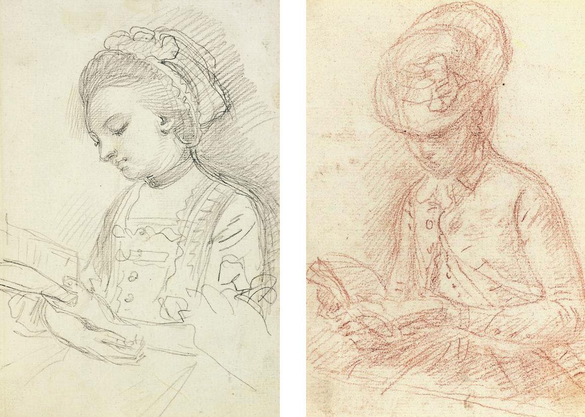William Hoare of Bath, R.A. - Study of an elegant lady, half-length, reading a book; and Study of a lady, half-length, in a coat and hat, reading a book (both illustrated)