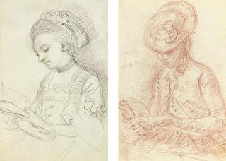 William Hoare of Bath, R.A. - Study of an elegant lady, half-length, reading a book; and Study of a lady, half-length, in a coat and hat, reading a book (both illustrated)