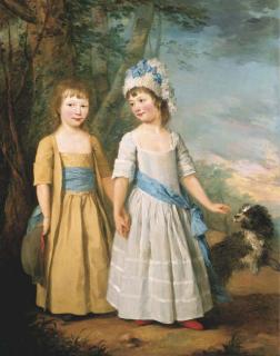 William Hoare Of Bath - Double portrait of Elizabeth and Thomas Trower in a landscape, full-length with a dog, he in light brown robes, she in a white dress and hat with a blue ribbon