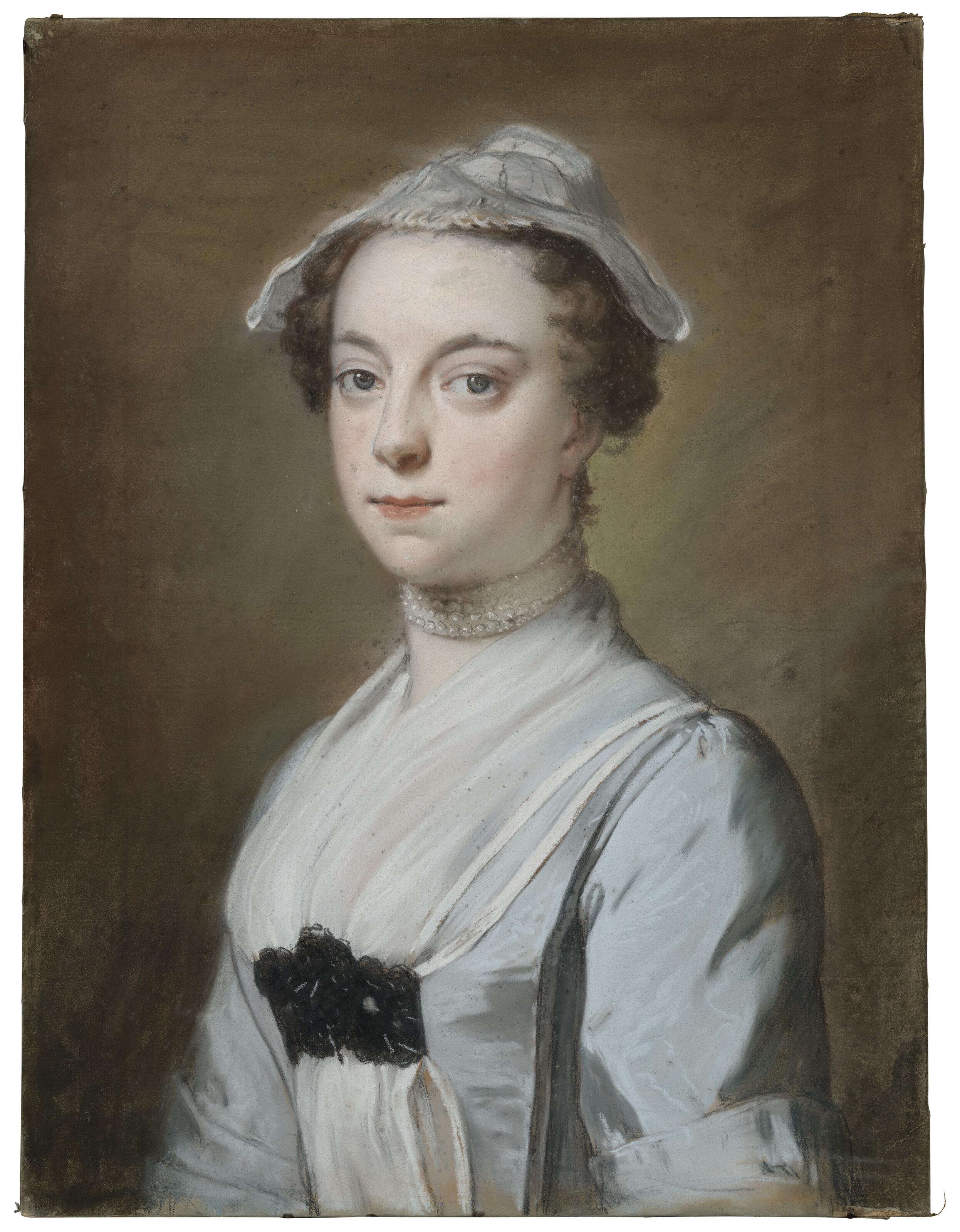 William Hoare of Bath - Portrait of Frances Vandewall, née Ingram, later Mrs George Augustus Killigrew, in a blue dress and pearl necklace