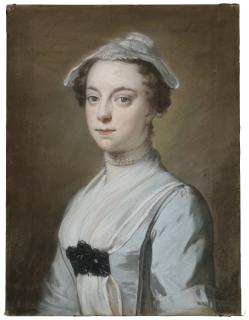 William Hoare of Bath - Portrait of Frances Vandewall, née Ingram, later Mrs George Augustus Killigrew, in a blue dress and pearl necklace