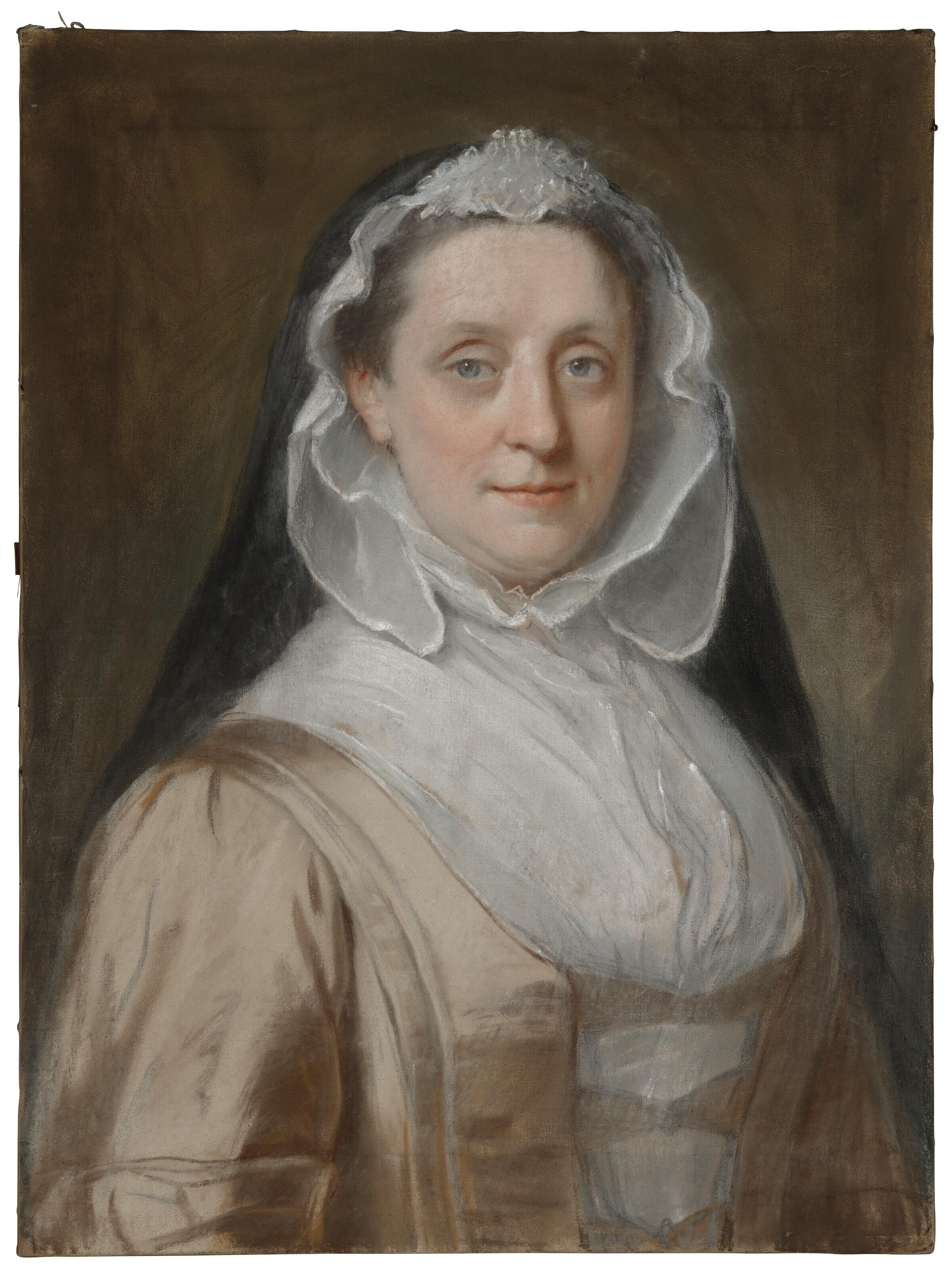 William Hoare of Bath - Portrait of Mary Ingram (née Bellers), in a brown dress, white bonnet and fichu