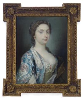 William Hoare - Portrait of a lady, half length, wearing an ornate jacket and pearls
