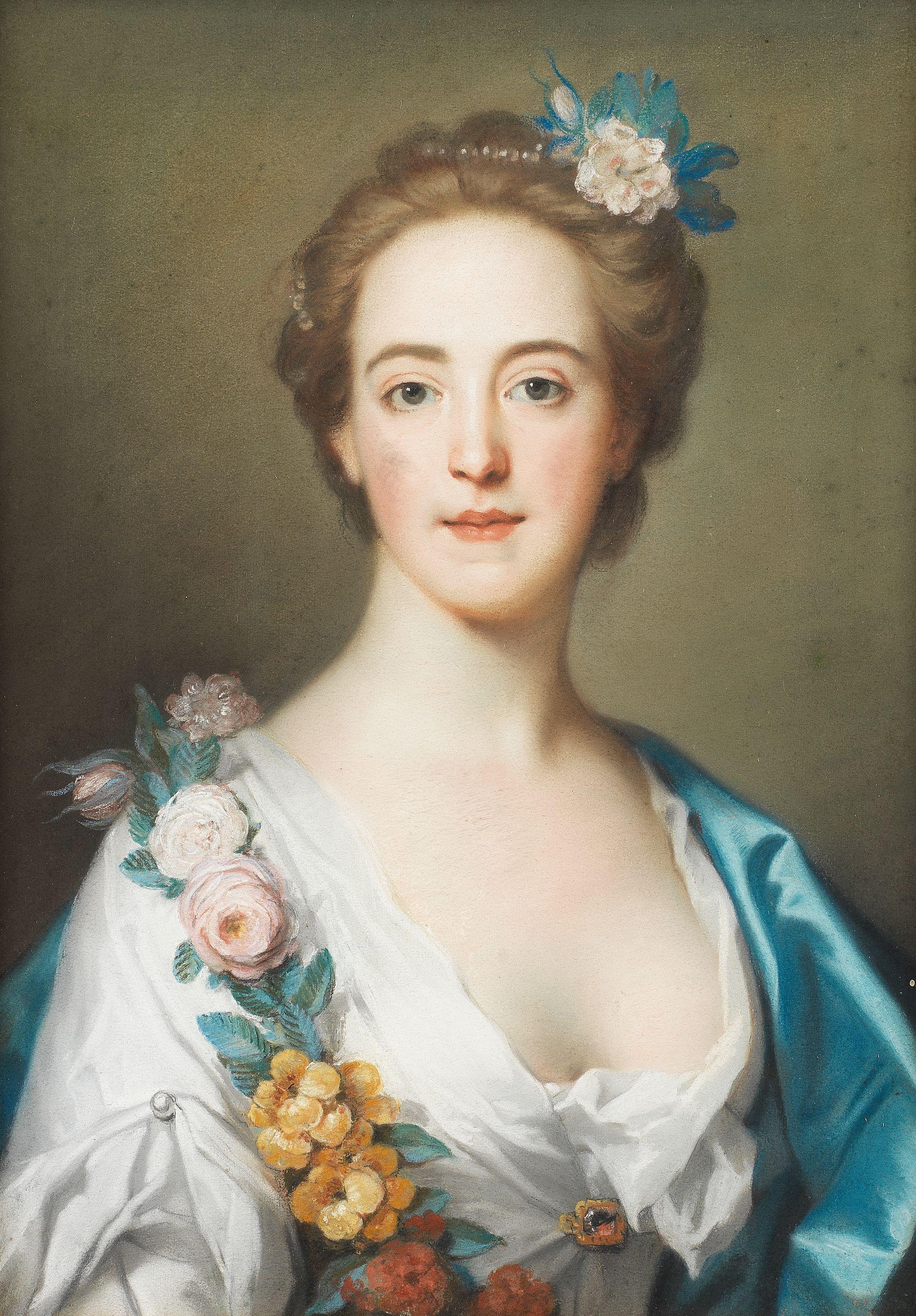 William Hoare - Portrait of Eleanor Corbet, bust-length, in a white dress and blue wrap with a floral garland