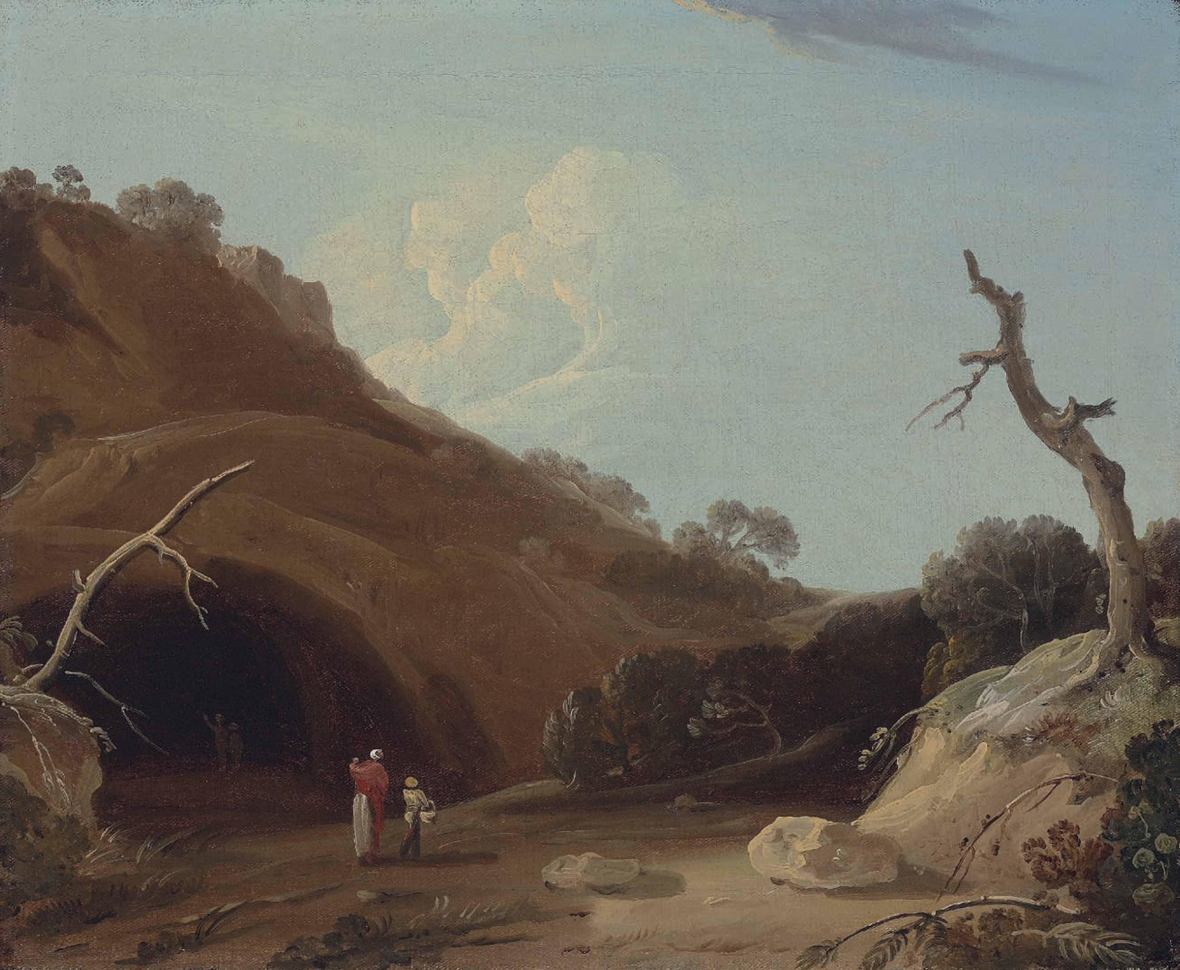 William Hodges, R.A. - A hilly Indian landscape with figures passing by a cave
