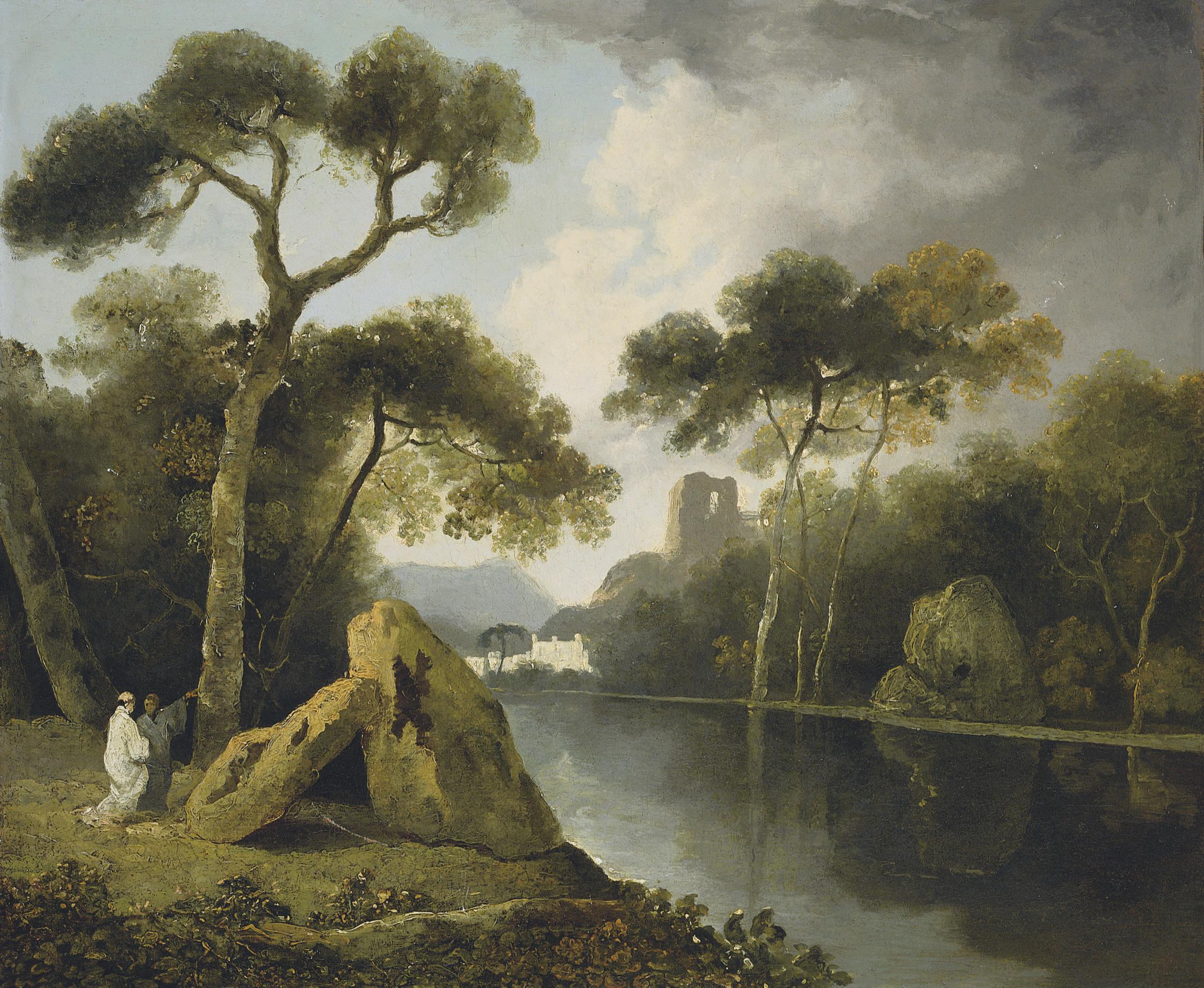William Hodges, R.A. - A river landscape with monks conversing by a pair of megaliths, ruins beyond
