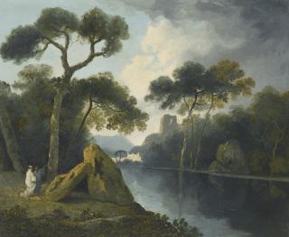 William Hodges R.A. - A River Landscape With Monks Conversing By A Pair Of Megaliths, With Ruins Beyond