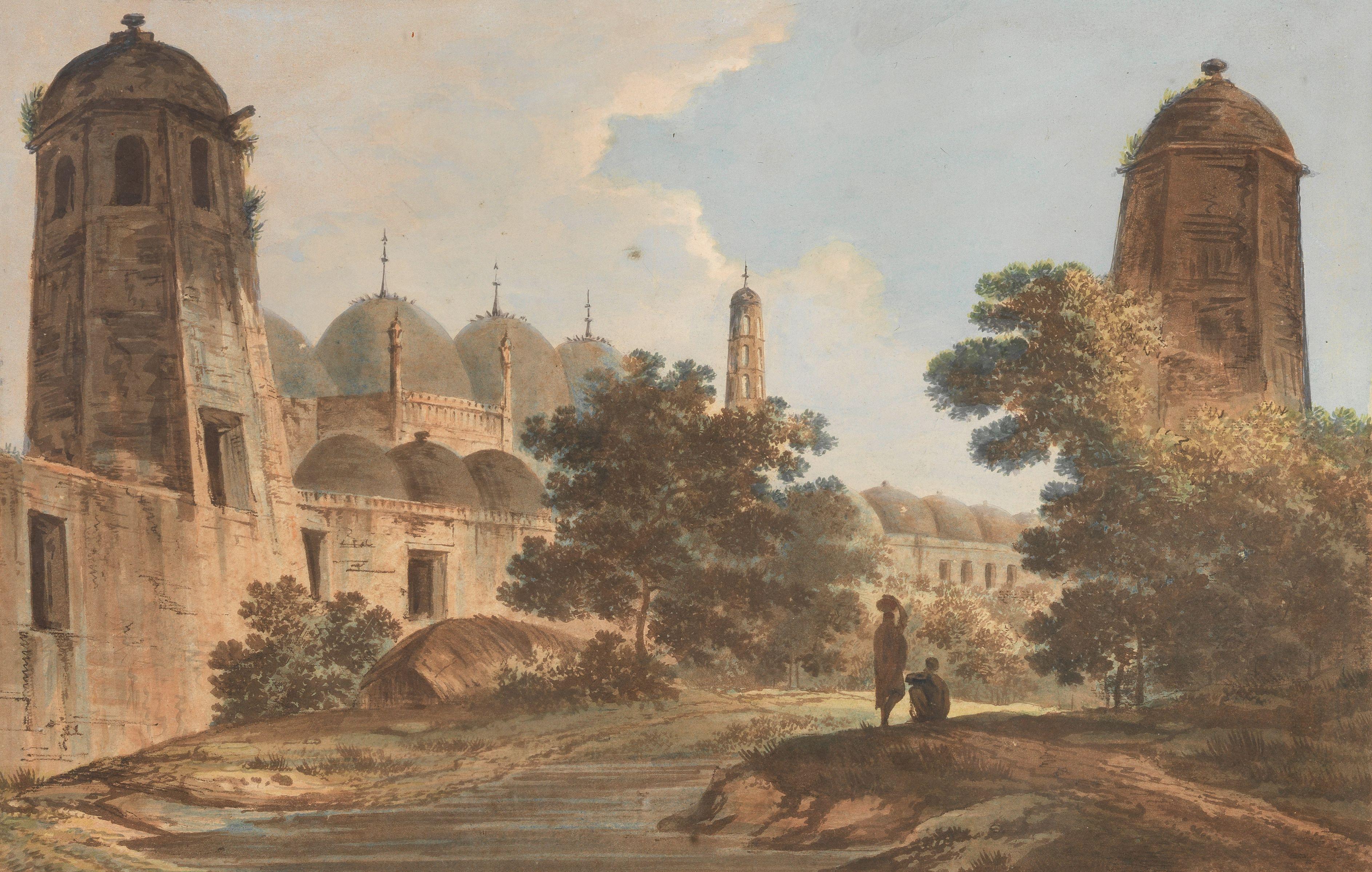 William Hodges, R.A. - A view of the Cutterá built by Jaffier Cawn at Muxadavad; A view of the Fort Pateeta, near Chunar, a set of two