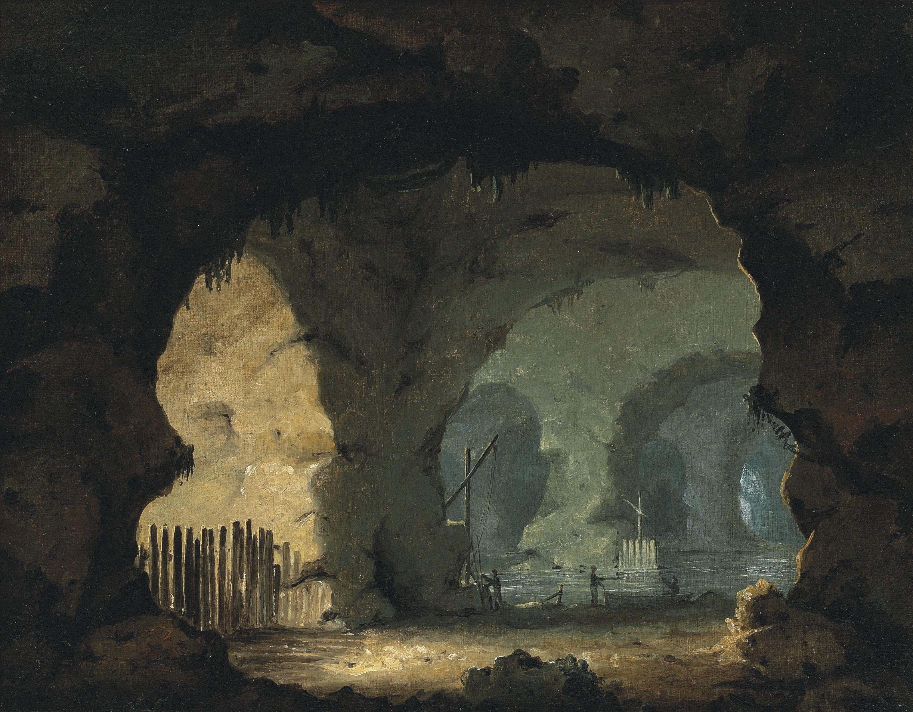 William Hodges - A sea cave interior with figures and boats