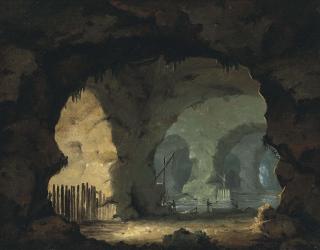 William Hodges - A sea cave interior with figures and boats