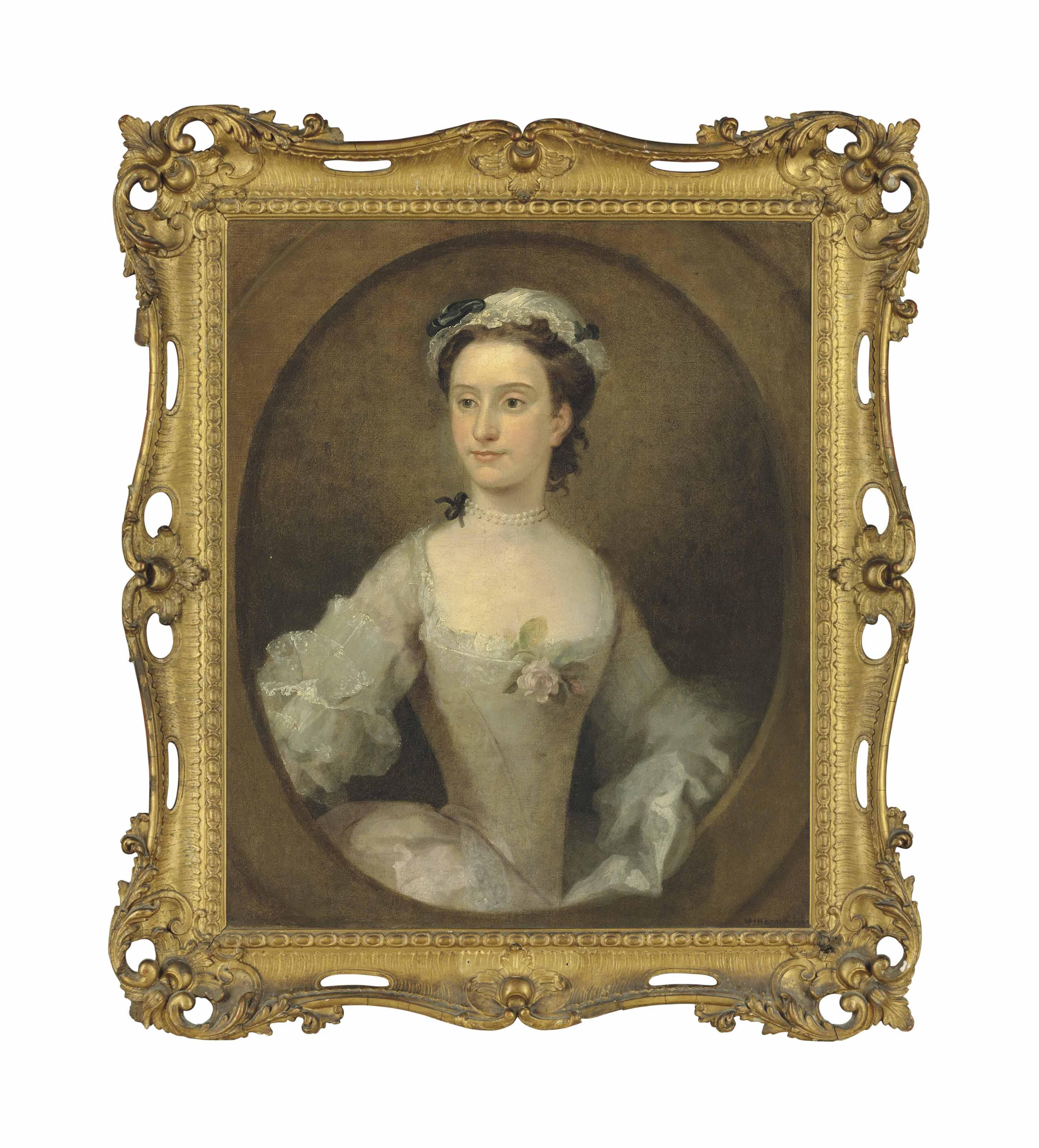 William Hogarth - Portrait of a lady, traditionally identified as Margaret Peg Woffington (1720-1760), half-length, in a white satin dress with a pink rose, in a painted oval