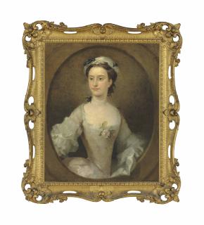 William Hogarth - Portrait of a lady, traditionally identified as Margaret Peg Woffington (1720-1760), half-length, in a white satin dress with a pink rose, in a painted oval