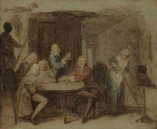 William Hogarth - The Antiquaries: A group of men seated at a circular table in an interior with a maid, and an owl on a perch, unfinished