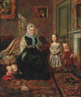 William Holman Hunt, O.M., R.W.S. - Group portrait of Mrs Davies, of Wormbridge Court, Hereford with four of her Clark grandchildren, in the drawing-room of Henry Clark\'s house in the High Street, Homerton