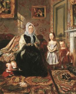 William Holman Hunt, O.M., R.W.S. - Group Portrait of Mrs Davies, of Wormbridge Court, Hereford, with some of her Clark granchildren in the drawing-room of Henry Clark\'s house at 186 High Street, Homerton, circa 1846