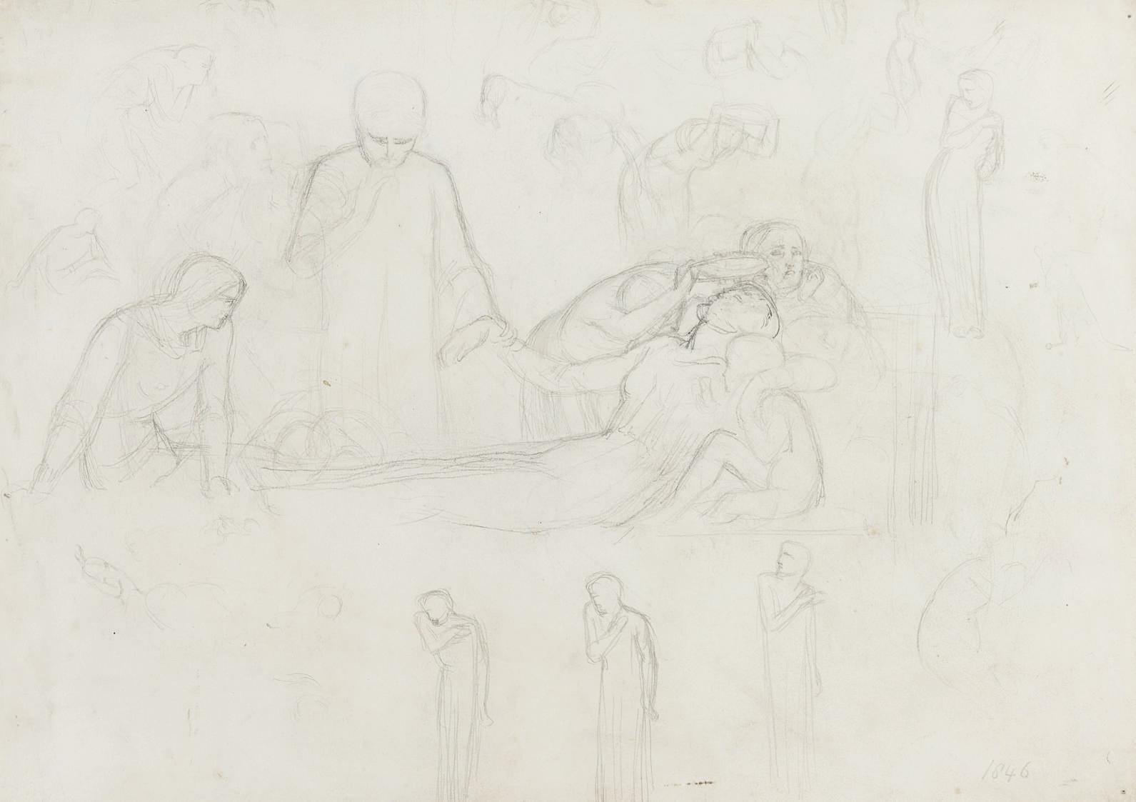 William Holman Hunt, O.M., R.W.S. - Two studies for \'One Step to the Deathbed\' and for \'The Flight of Madeline and Porphyro\'