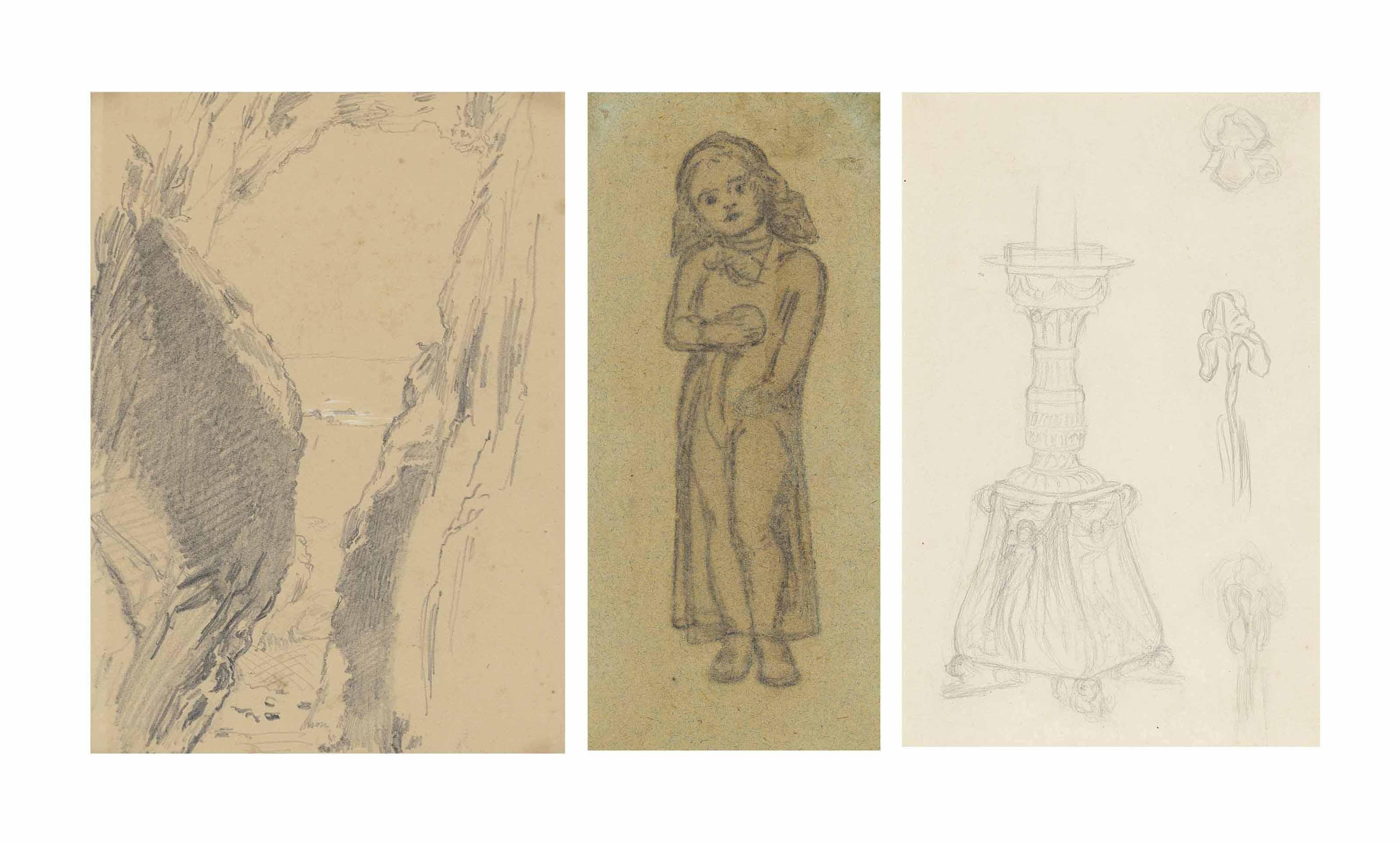 William Holman Hunt, O.M., R.W.S. - View from a cave opening to the sea; Study for \'Miss Flamborough\' (Gladys Holman Hunt holding an orange); and Study of a candelabra for \'The Lady of Shallot\';