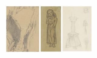 William Holman Hunt, O.M., R.W.S. - View from a cave opening to the sea; Study for \'Miss Flamborough\' (Gladys Holman Hunt holding an orange); and Study of a candelabra for \'The Lady of Shallot\';
