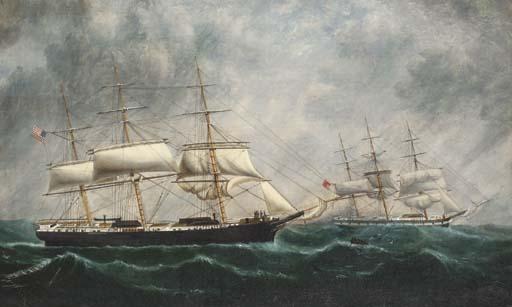William Howard Yorke - The American clipper Caravan rendering assistance to a British full-rigger in mid-Atlantic