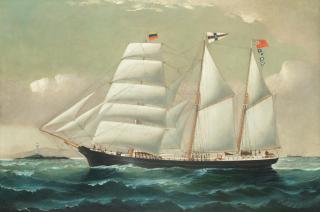 William Howard Yorke - The British barquentine Ellen Lloyd under full sail, outward bound for Venezuela and passing the Skerries lighthouse