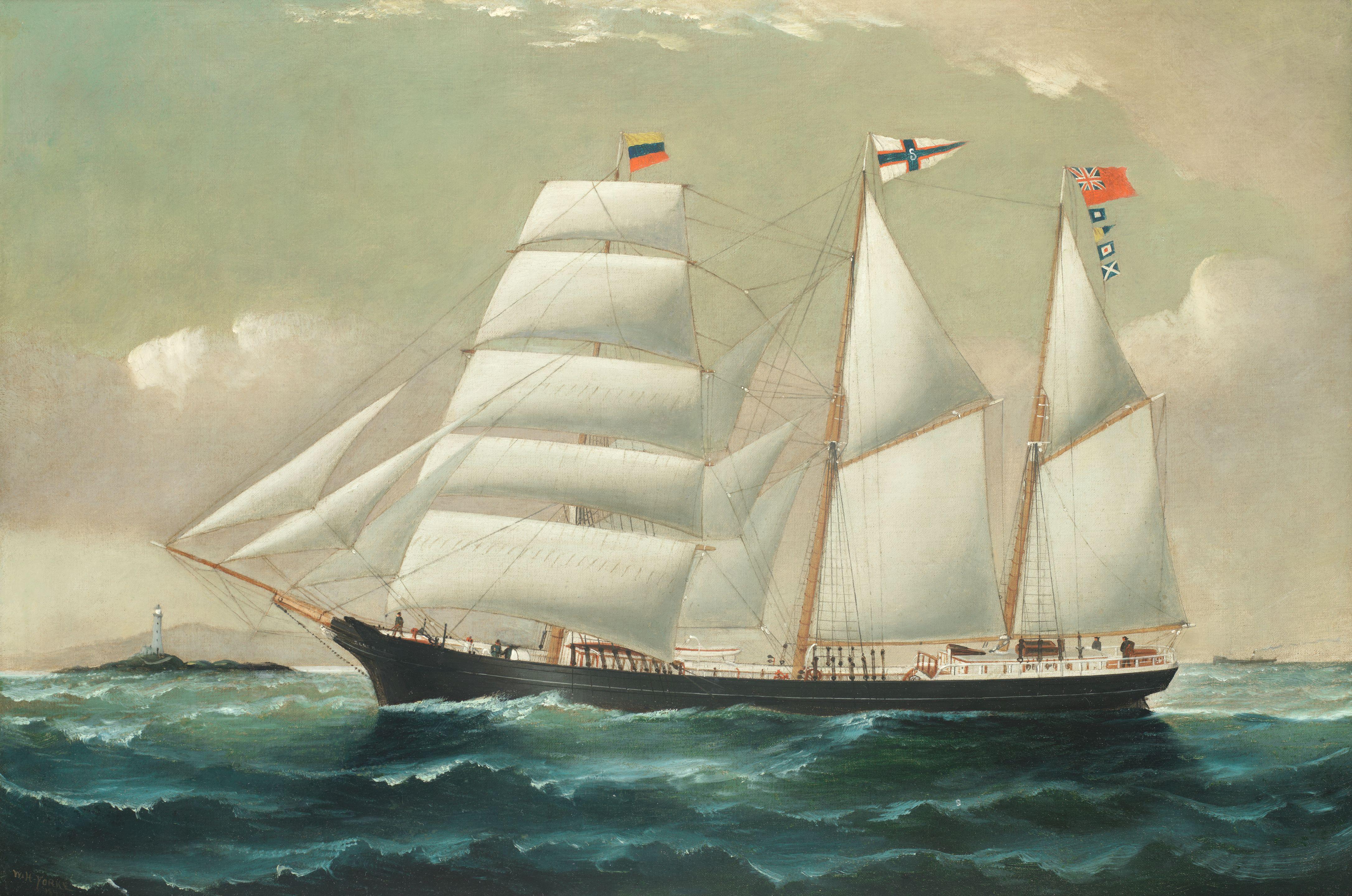 William Howard Yorke - The British barquentine Ellen Lloyd under full sail, outward bound for Venezuela and passing the Skerries lighthouse