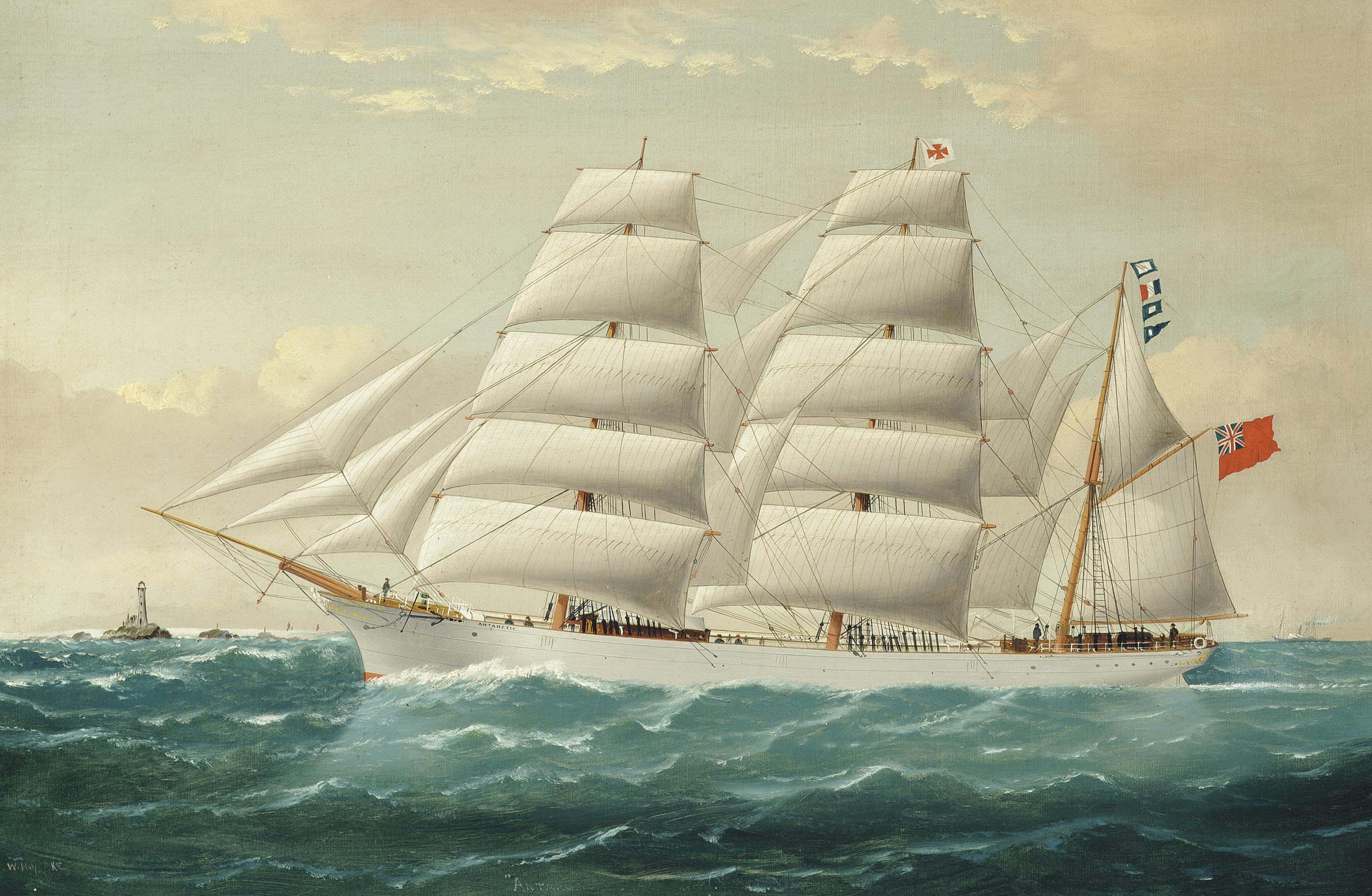 William Howard Yorke - The English Three-Masted Barque Antarctic In Full Sail Off The Bishop\'S Rock Lighthouse In The Channel