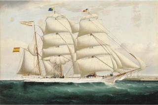 William Howard Yorke - The three-masted Spanish barque Rafael Pomar shortening sail as she approaches Port Mahon, Minorca