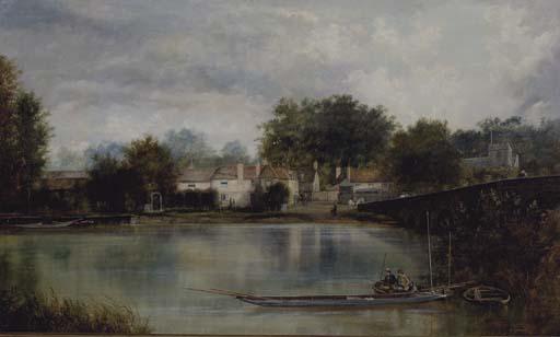 William Howard - Figures fishing on a boat in front of a town landscape