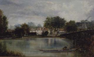 William Howard - Figures fishing on a boat in front of a town landscape