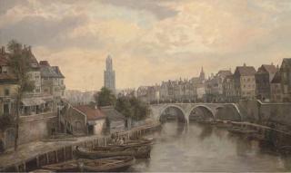 William Howard - Figures on a bridge in a continental town