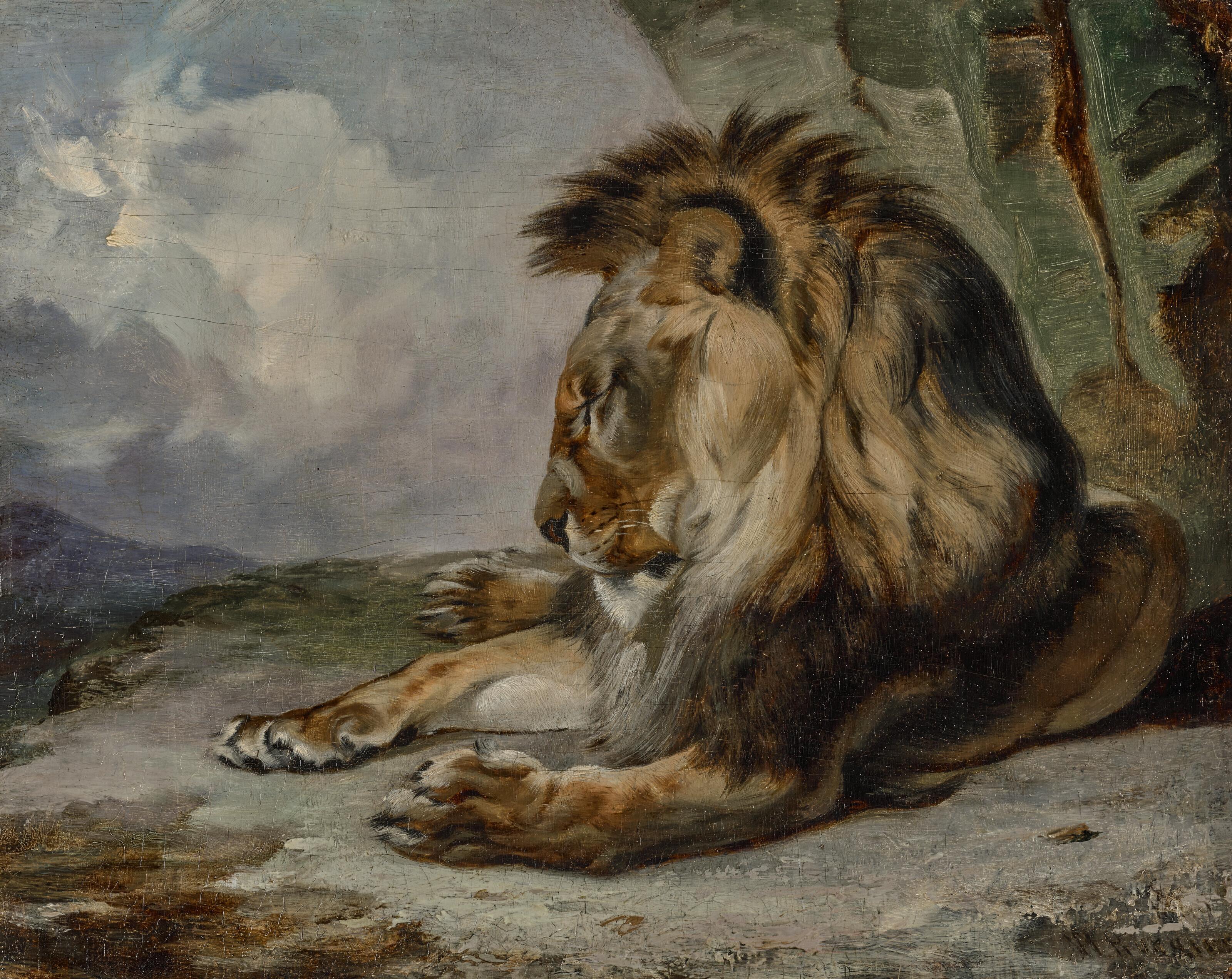 William Huggins - Dozing Lion (recto); and A sketch of two cows in a landscape (verso)