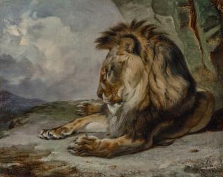 William Huggins - Dozing Lion (recto); and A sketch of two cows in a landscape (verso)