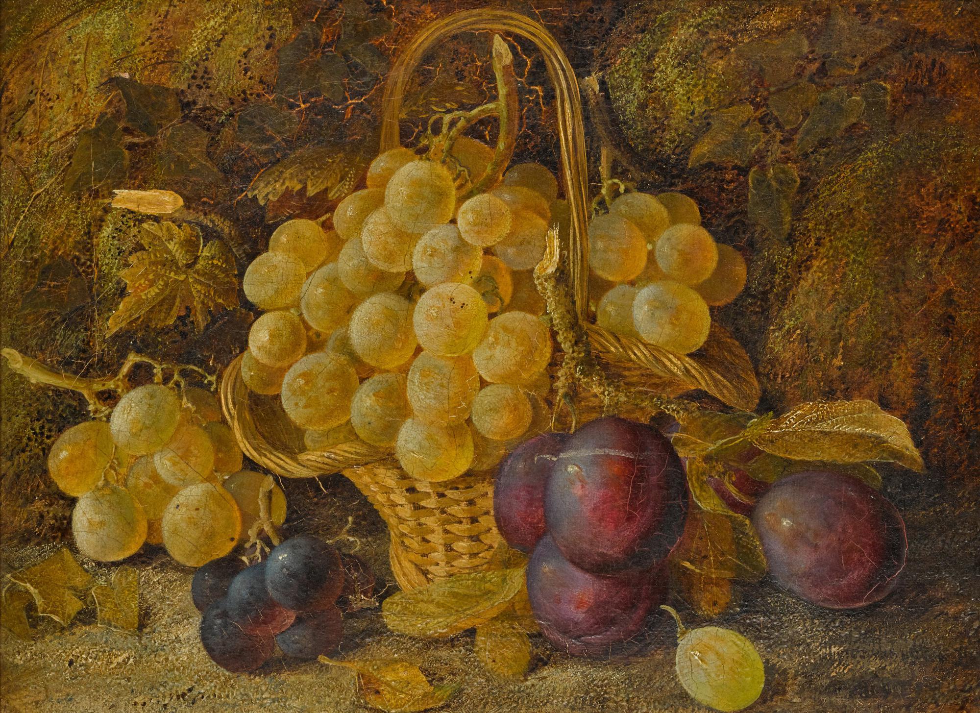William Hughes - A basket of grapes and plums by a mossy bank
