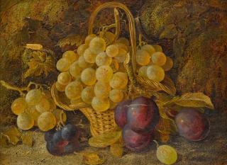 William Hughes - A basket of grapes and plums by a mossy bank