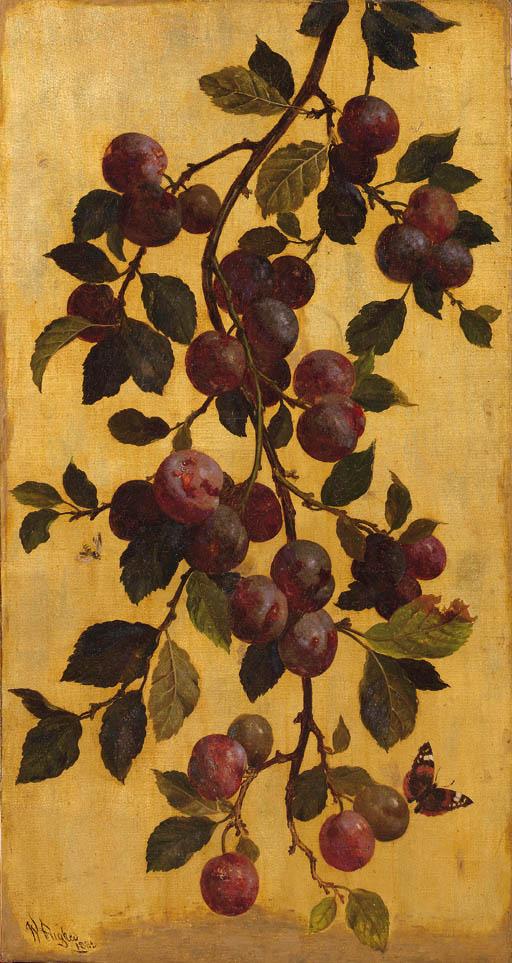 William Hughes - A branch with plums against a gold background