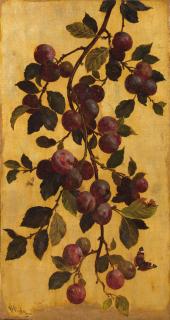 William Hughes - A branch with plums against a gold background