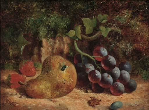 William Hughes - A pear, strawberries and grapes on a mossy bank; and An apple and grapes on a mossy bank