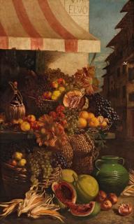William Hughes - An abundant still life of fruit on a market stall