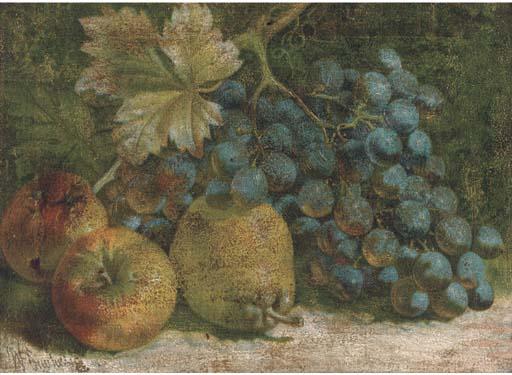 William Hughes - Apples, A Pear And A Bunch Of Grapes On A Mossy Bank