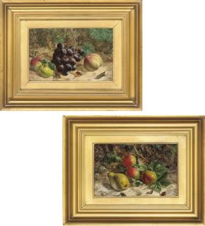 William Hughes - Apples and a pear on a mossy bank; and Apples and grapes on a mossy bank
