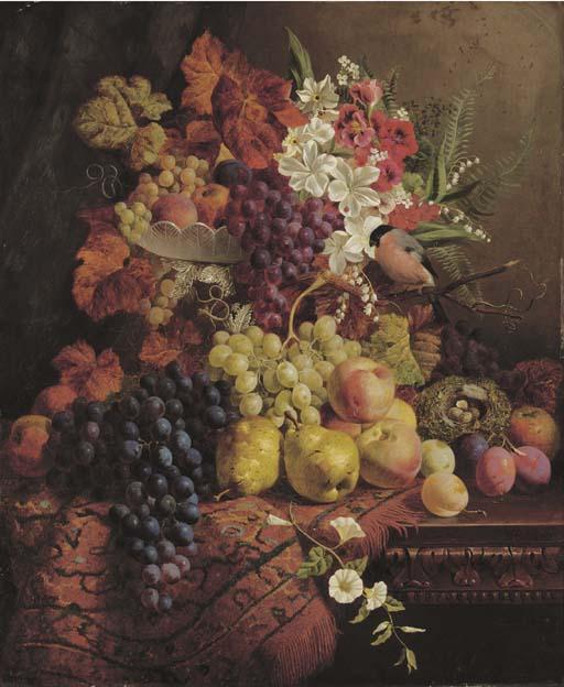 William Hughes - Flowers, Fruit, A Bullfinch And Its Nest