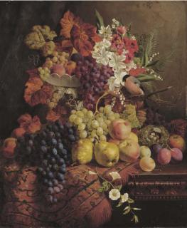 William Hughes - Flowers, Fruit, A Bullfinch And Its Nest