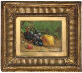 William Hughes - Grapes, a pear and a strawberry, on a mossy bank