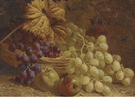 William Hughes - Grapes, apples and a wicker basket