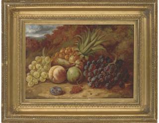 William Hughes - Grapes, pineapple, pear, apples, peach, plum and redcurrants, on a mossy bank