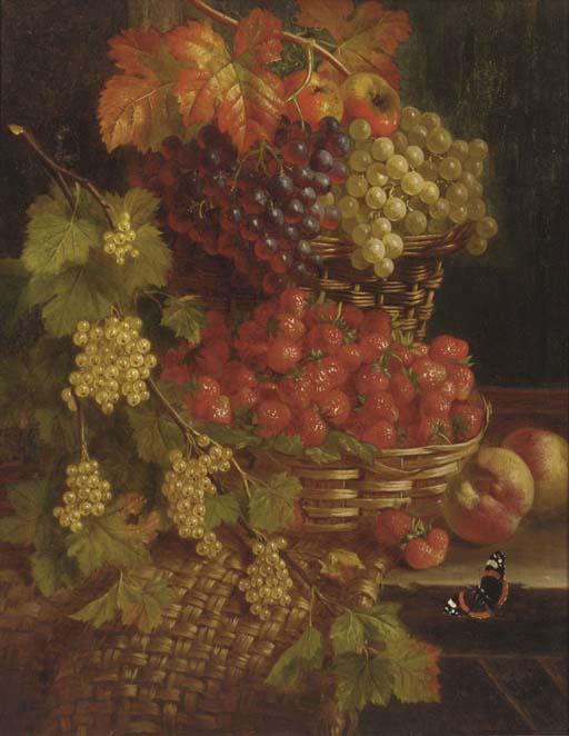 William Hughes - Grapes, strawberries, whitecurrants, peaches, and a red admiral butterfly, on a wooden ledge