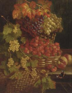William Hughes - Grapes, strawberries, whitecurrants, peaches, and a red admiral butterfly, on a wooden ledge