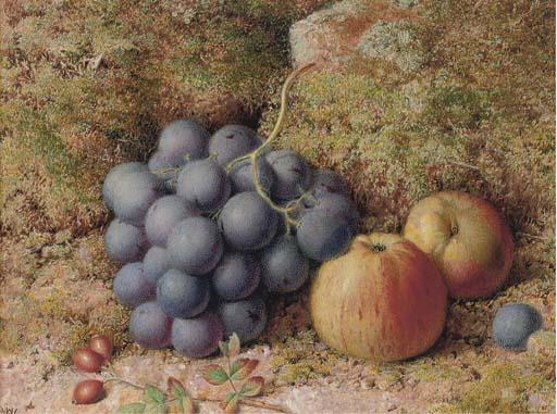 William Hughes - Still life of grapes and an apple on a mossy bank