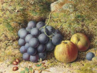 William Hughes - Still life of red grapes, apples and rosehips on a mossy bank