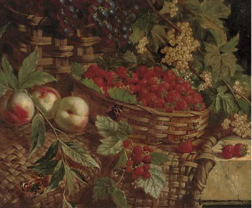 William Hughes - Strawberries, Raspberries, Grapes, Peaches And Elderberries In Wicker Baskets On A Stone Ledge